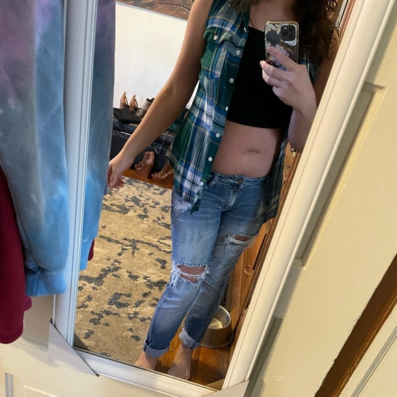 Mossimo custom DIY distressed sleeveless vest plaid flannel women's S - Picture 5 of 7